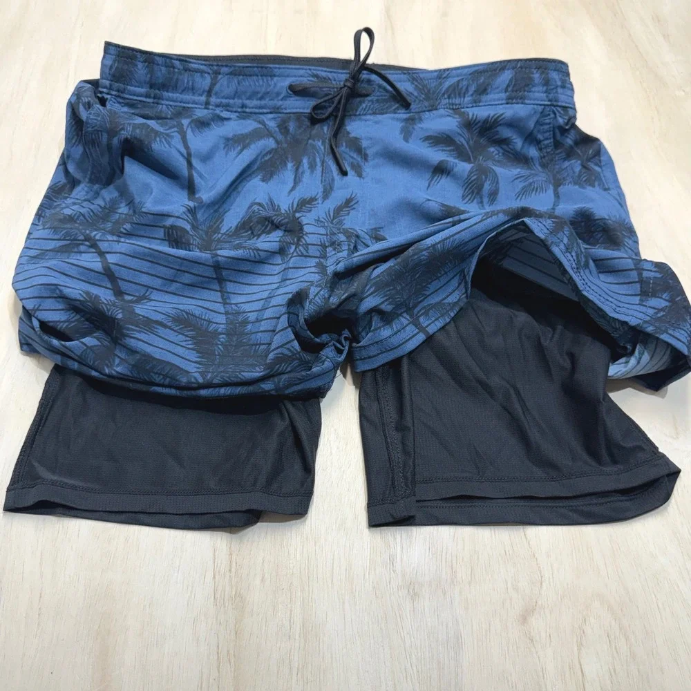 Kirkland Signature Mens Medium Stretch Swim Shorts Blue‎ Palm Tree Lined NWOT